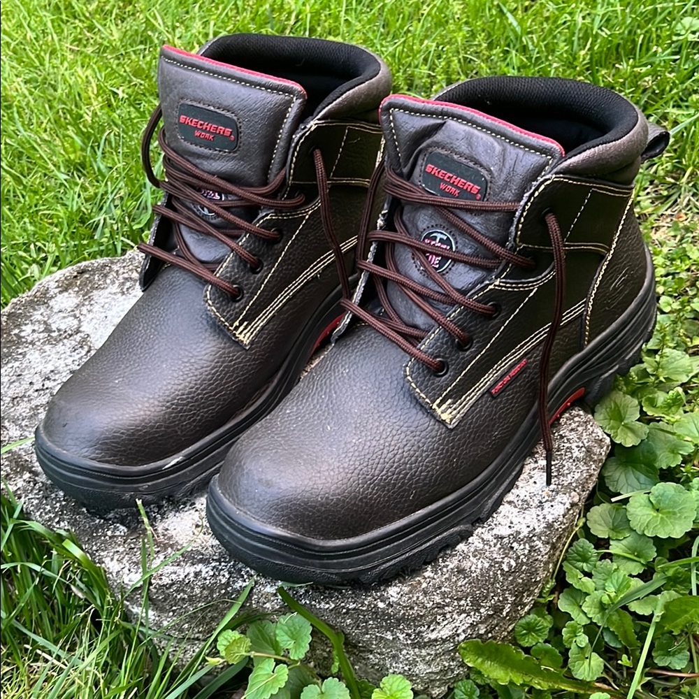Mens Sketchers Brown Steel Toe Leather Puncture Resistant Work Boot